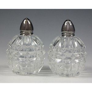 Vintage IRice Pressed Glass Salt & Pepper Shaker Set Clear w/Silver-Tone Tops